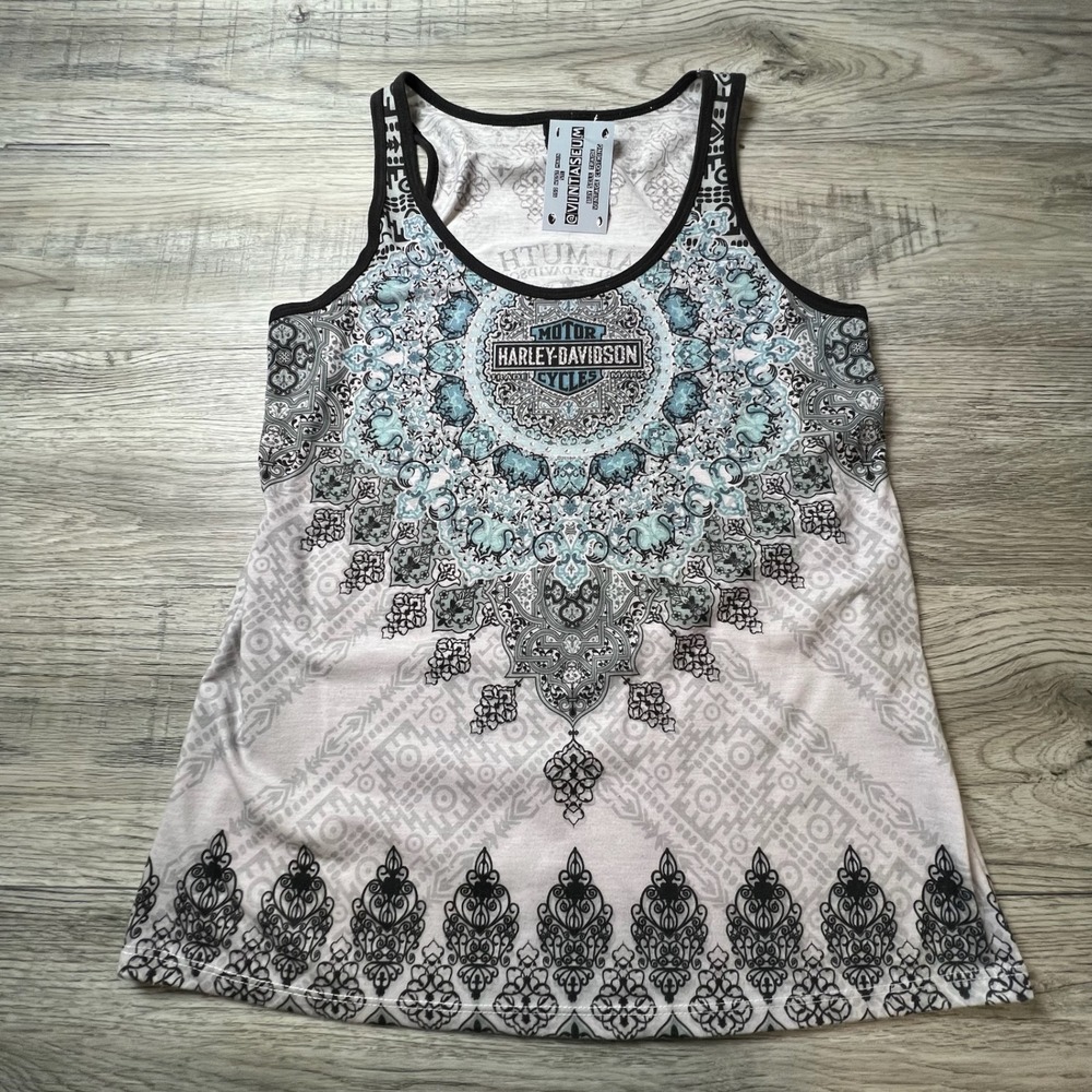 Harley Davidson Tank Top Womens Large Grey‎ Teal Mandala Rhinestone Graphic Tee